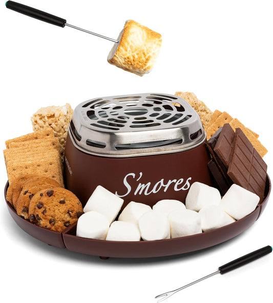 Tabletop Electric S’mores Maker Kit – Indoor Set with Roasting Sticks & 4 Trays (Brown)
