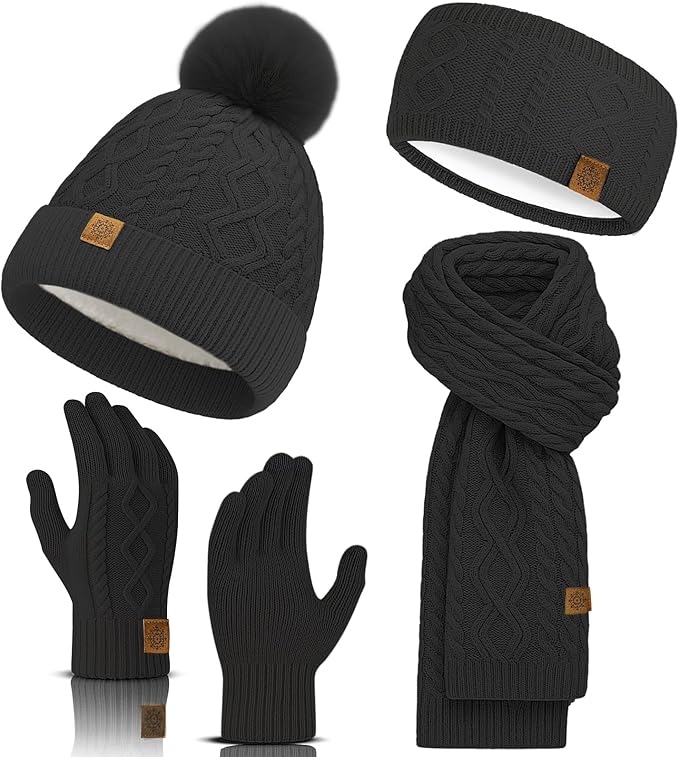 Winter Beanie Hat Scarf Gloves Headband Set – Knit Beanie, Warm Scarf, Touchscreen Gloves & Ear Warmer, Gift for Women & Men