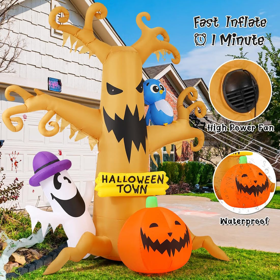 8 FT Halloween Inflatable Dead Tree – LED Light-Up Owl, Ghost & Pumpkin Outdoor Yard Decoration for Lawn & Garden
