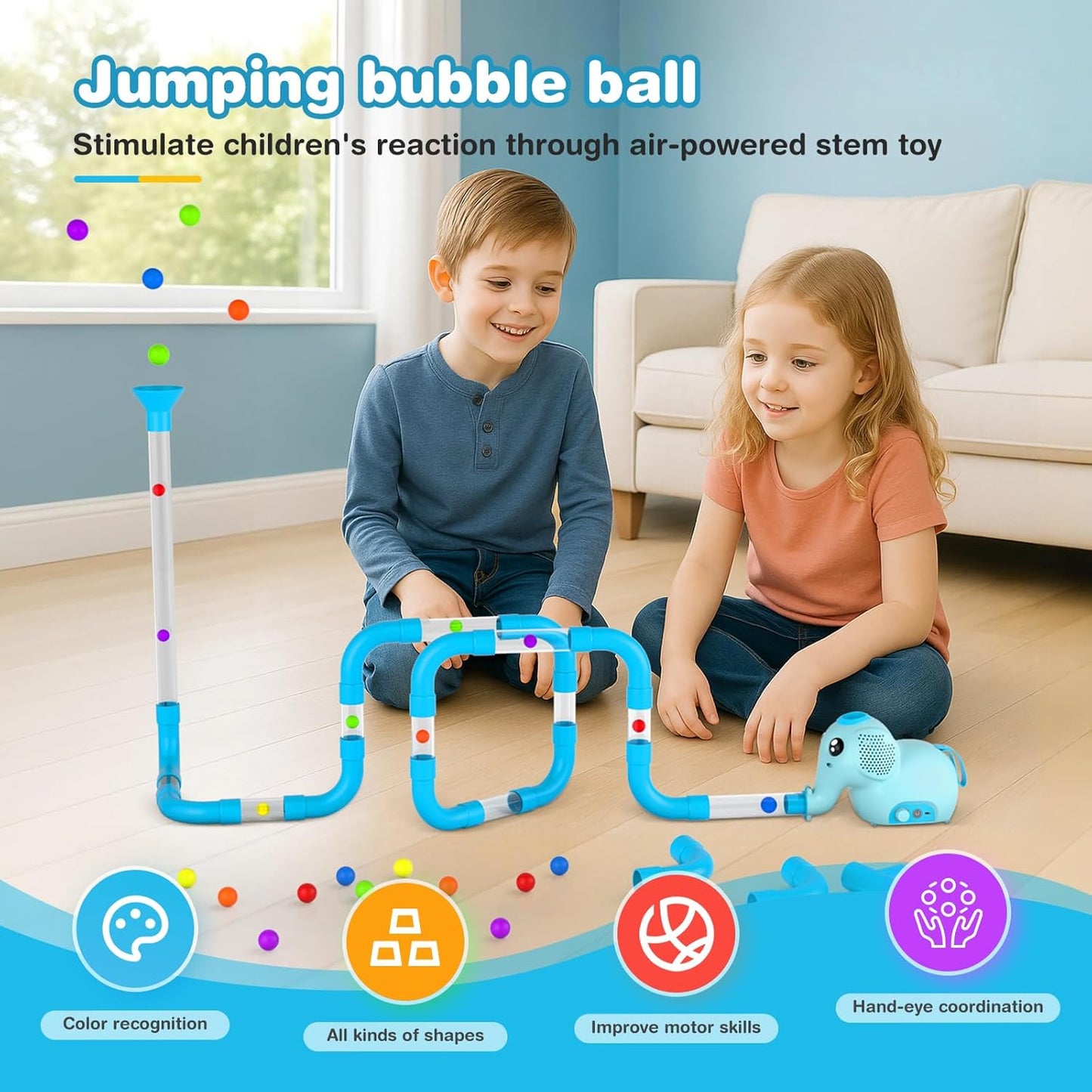 STEM Air-Powered Building Toy – Rechargeable Air Tubes & Turbine Set with 30 Foam Balls (Ages 3–8+)