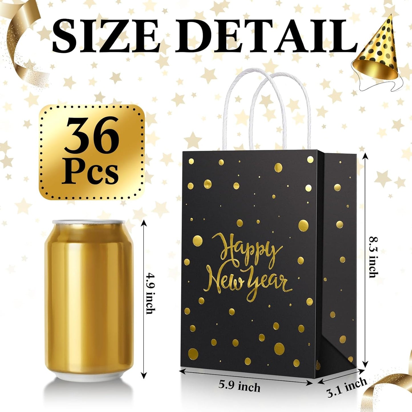 36 Pcs Happy New Year Gift Bags - Black Kraft Paper Bags with Handles (Gold Foiled) for Parties and Favors