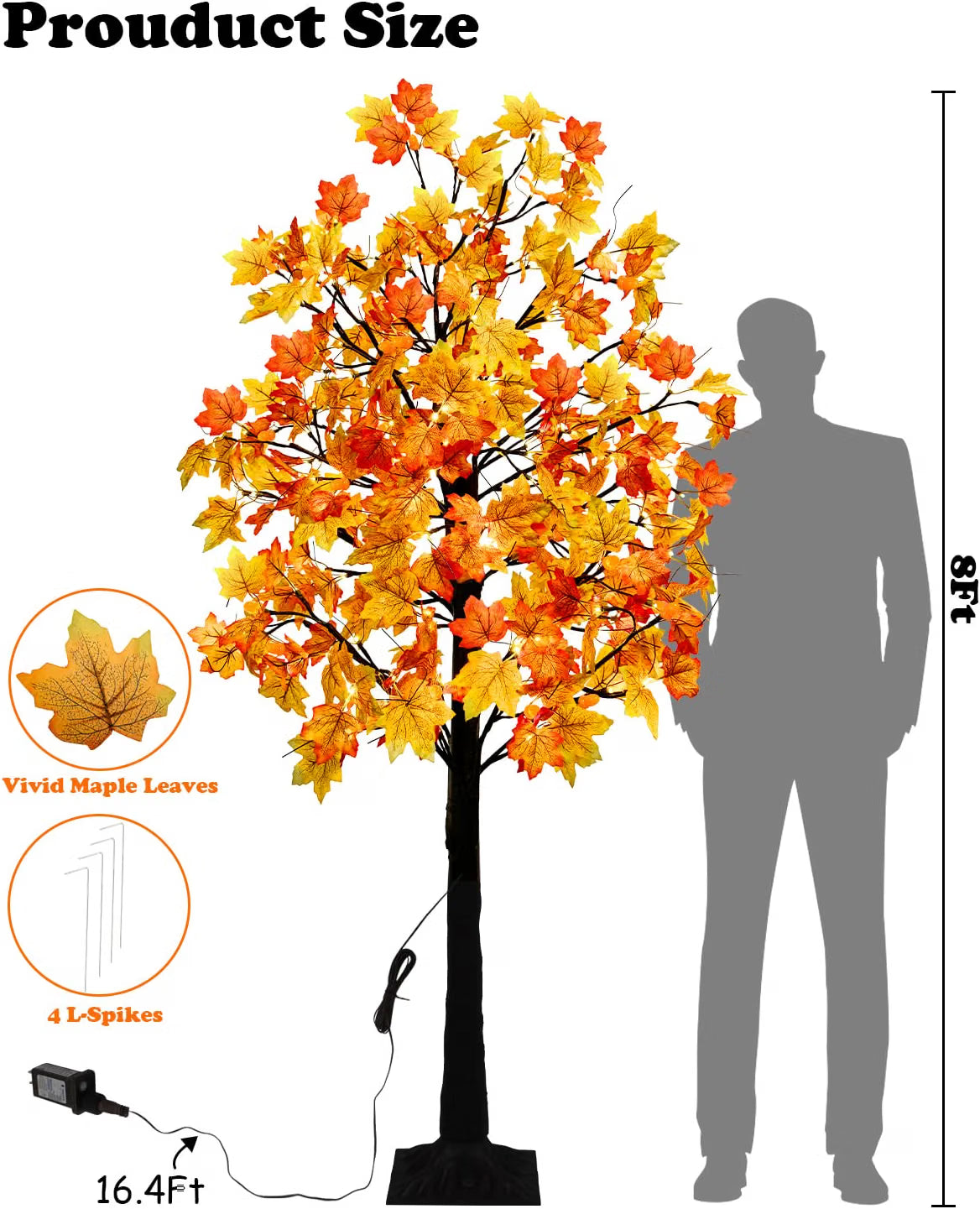 8 FT Lighted Fall Maple Tree – Artificial Thanksgiving Tree with Autumn Leaves for Indoor & Outdoor Décor