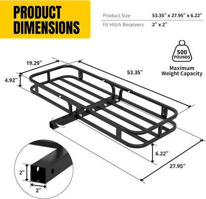 Heavy-Duty Hitch Cargo Carrier – 53" x 19.5" Steel Trailer-Mount Cargo Basket with High Side Rails, 500 lb Capacity for 2" Receivers, Black