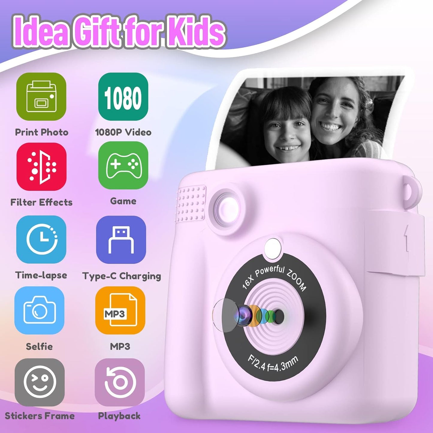 Kids Instant Print Camera – Digital Toy Camera with 32GB SD Card (Purple), Great Gift for Ages 3–12