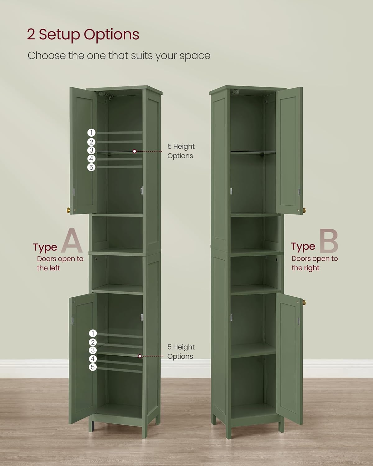 Slim Forest Green Bathroom Cabinet with Lights and Adjustable Shelves