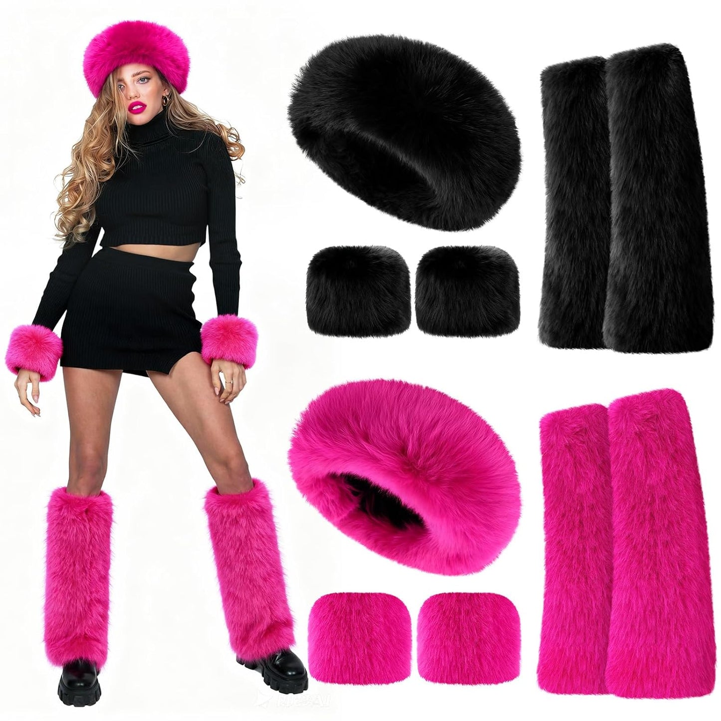 6-Piece Faux Fur Winter Accessories Set – Ear Warmer Headband, Wrist Cuffs & Leg Warmers (Rose Red/Black)