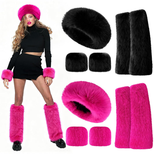 6-Piece Faux Fur Winter Accessories Set – Ear Warmer Headband, Wrist Cuffs & Leg Warmers (Rose Red/Black)