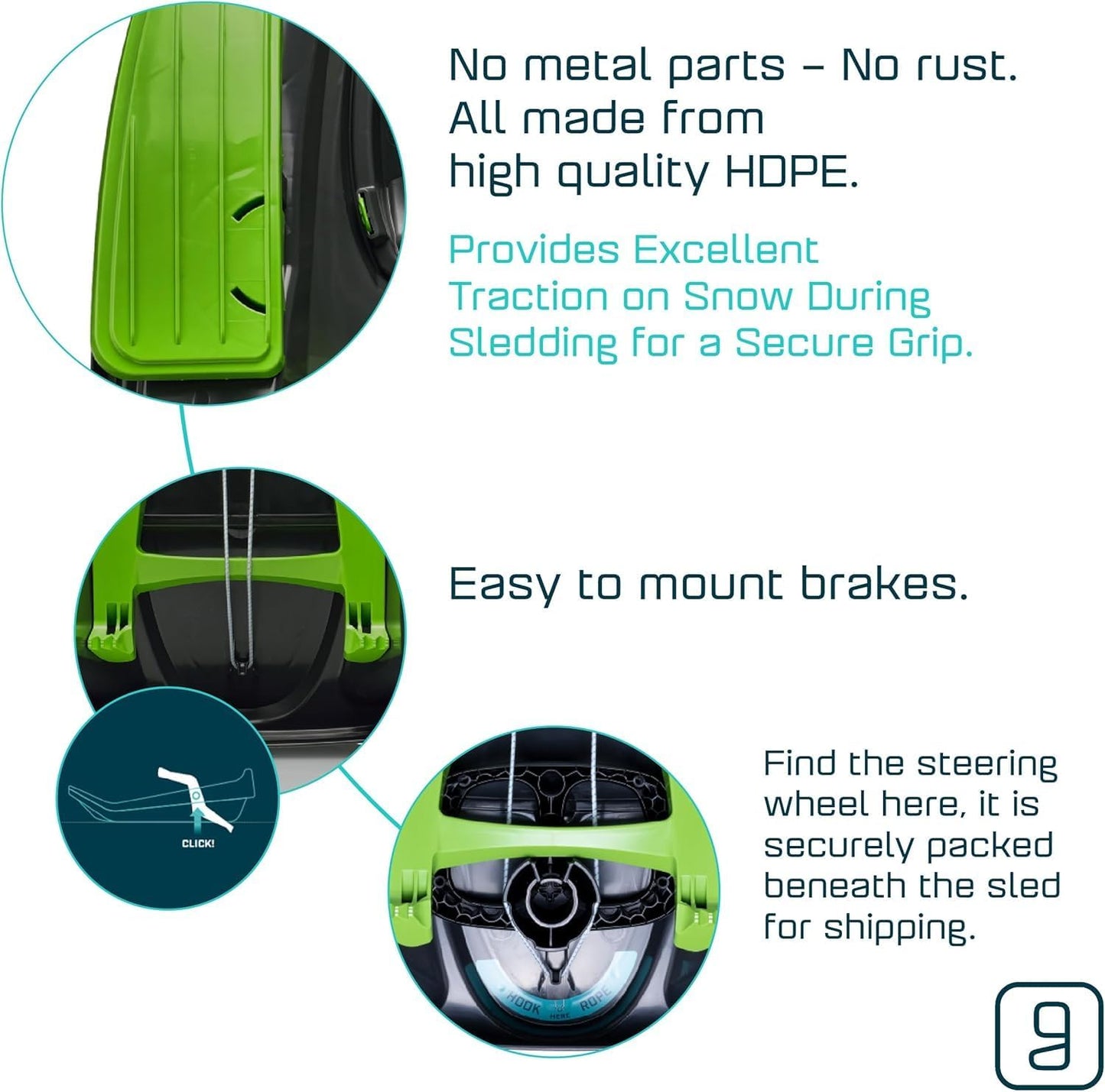 Snow Sled for Kids & Adults – Toboggan with Steering Wheel, Anti-Slip Seat & Brake (Mystic Green, 260 lbs, Age 3+)