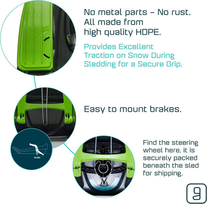 Snow Sled for Kids & Adults – Toboggan with Steering Wheel, Anti-Slip Seat & Brake (Mystic Green, 260 lbs, Age 3+)