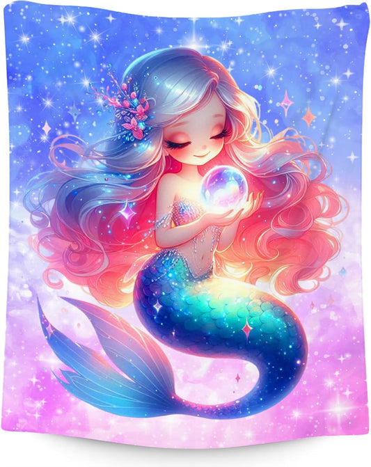 Girls Mermaid Throw Blanket – Plush Cozy Flannel Gift (50" x 60")