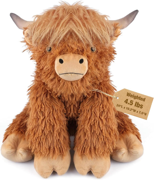 24" Highland Cow Weighted Plush – 4.5 lb Adjustable Sitting/Laying Stuffed Animal with Removable Ceramsite Bag