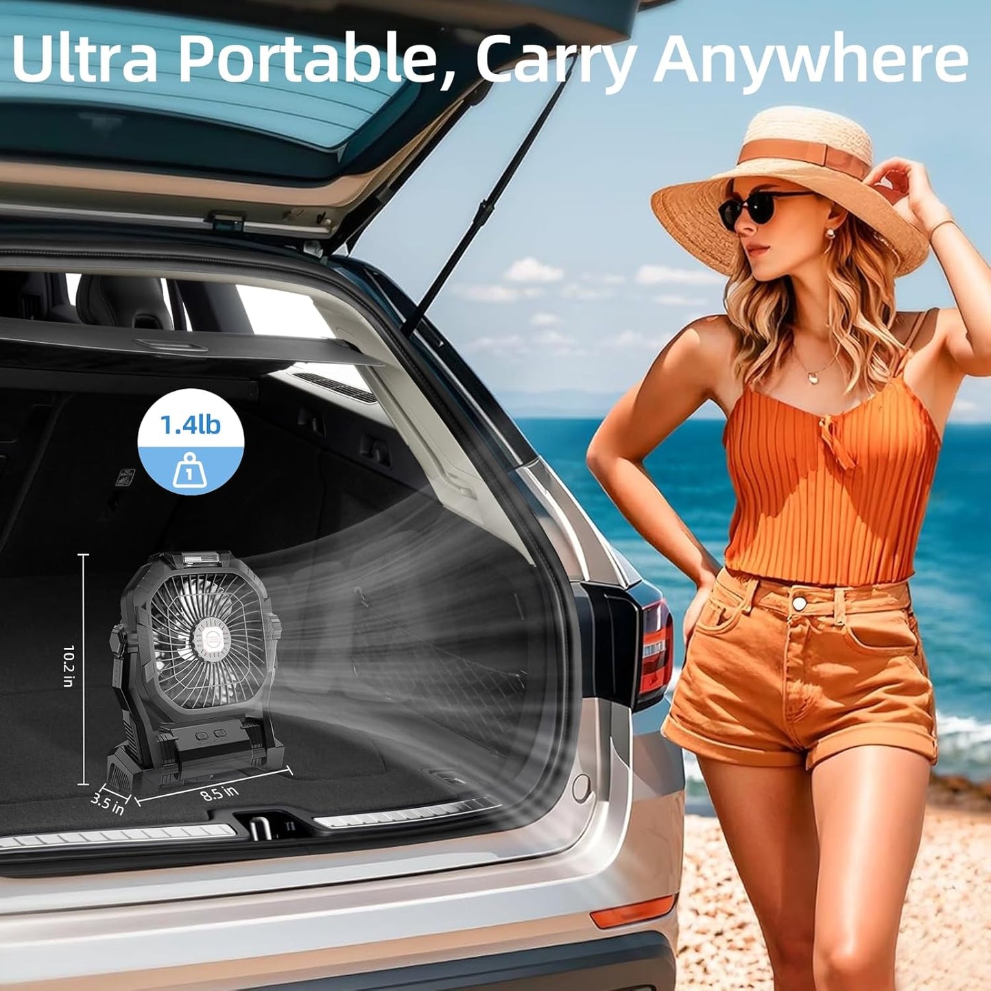 Rechargeable Camping Fan with LED Light & Hook - 20000mAh Battery, 4-Speed, 270° Adjustable