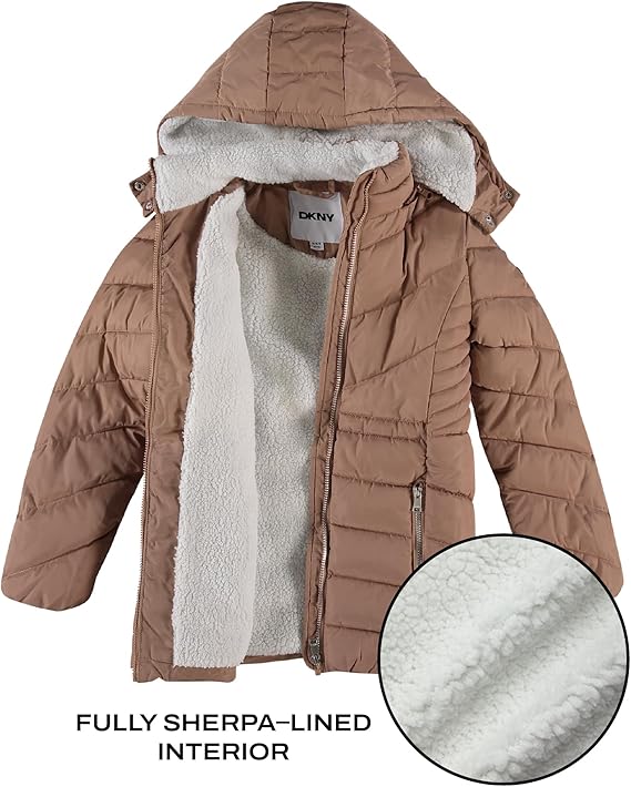 Girls’ Winter Jacket – Heavyweight Long Anorak Puffer Coat with Hood, Sherpa-Lined & Insulated (Toffee Beige, Size 4)