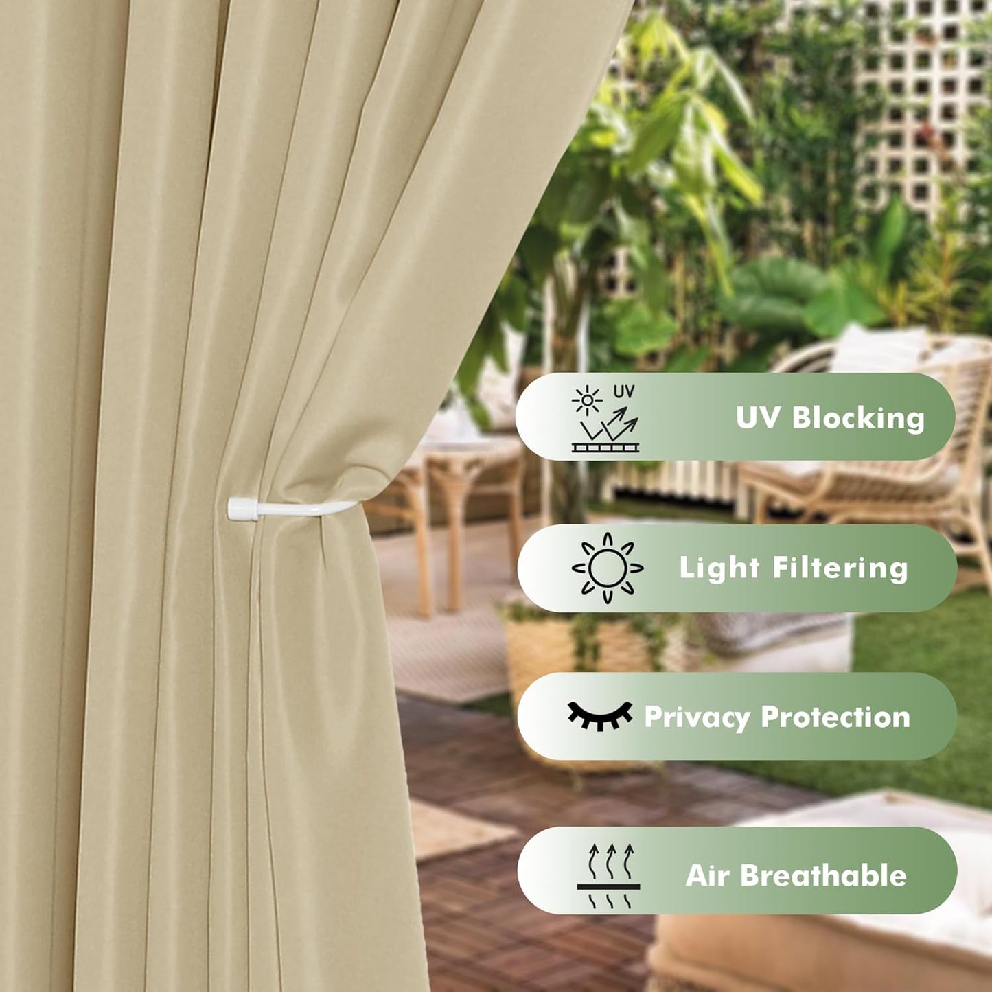 6 Panels Outdoor Privacy Curtains for Cabana Porch Pergola, Sunlight & UV Blocking
