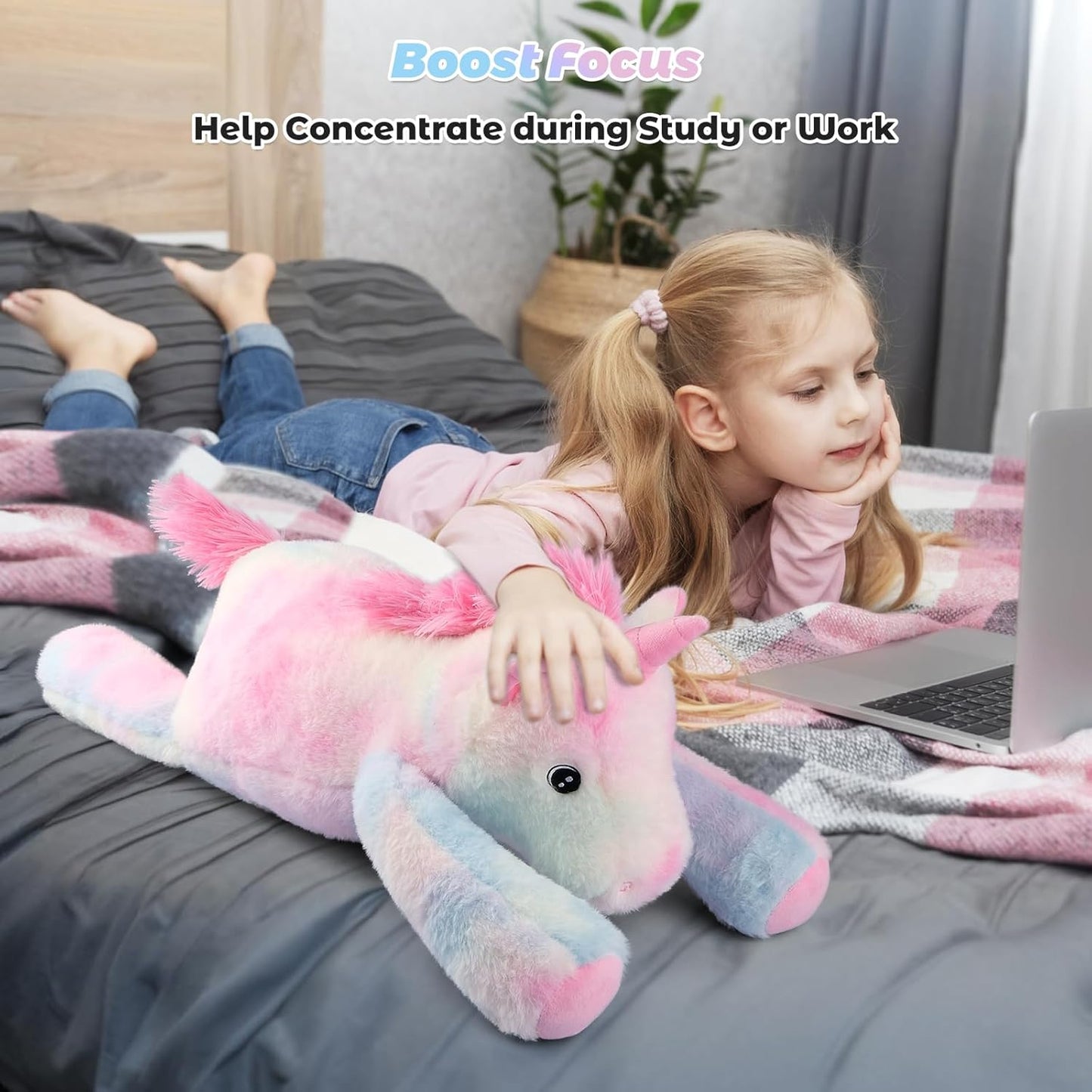 23" Weighted Unicorn Plush – 4.5 lb Adjustable Sitting/Laying Stuffed Animal with Removable Ceramsite Bag
