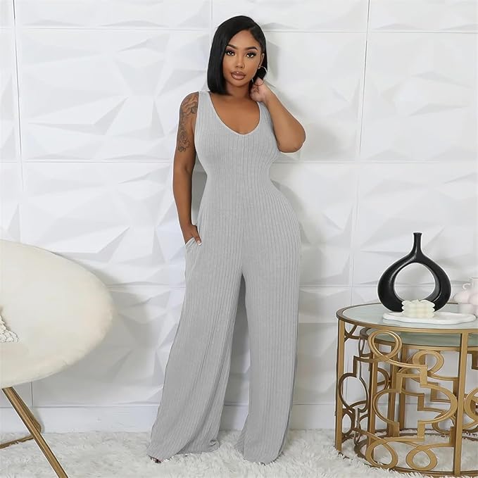Women’s Ribbed Knit 2-Piece Outfit – Batwing Cardigan, Tank & Wide-Leg Pants with Pockets (Gray, XXL)