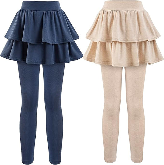 2-Pack Girls’ School Uniform Skirted Leggings – Stretchy Warm Jeggings (Navy/Khaki, Size 4–5T)