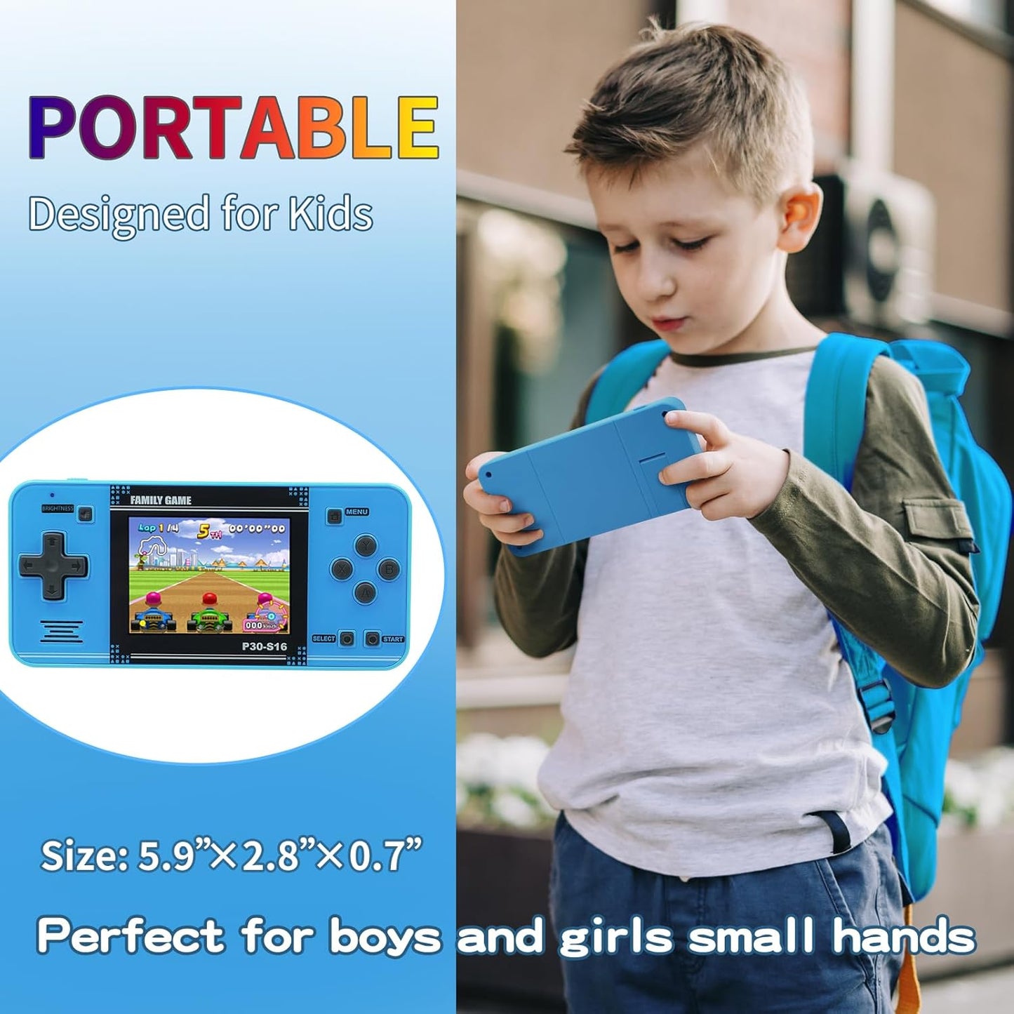 Handheld Game Console: 220 Retro Video Games, Portable with 3.0" LCD Screen & Rechargeable Battery - Blue!