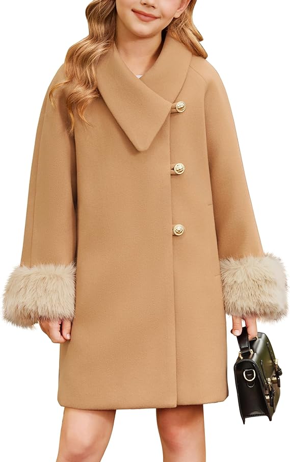 Girls’ Faux Fur Winter Dress Coat – Long Sleeve Jacket with Belt & Pockets (Khaki, Size 7)