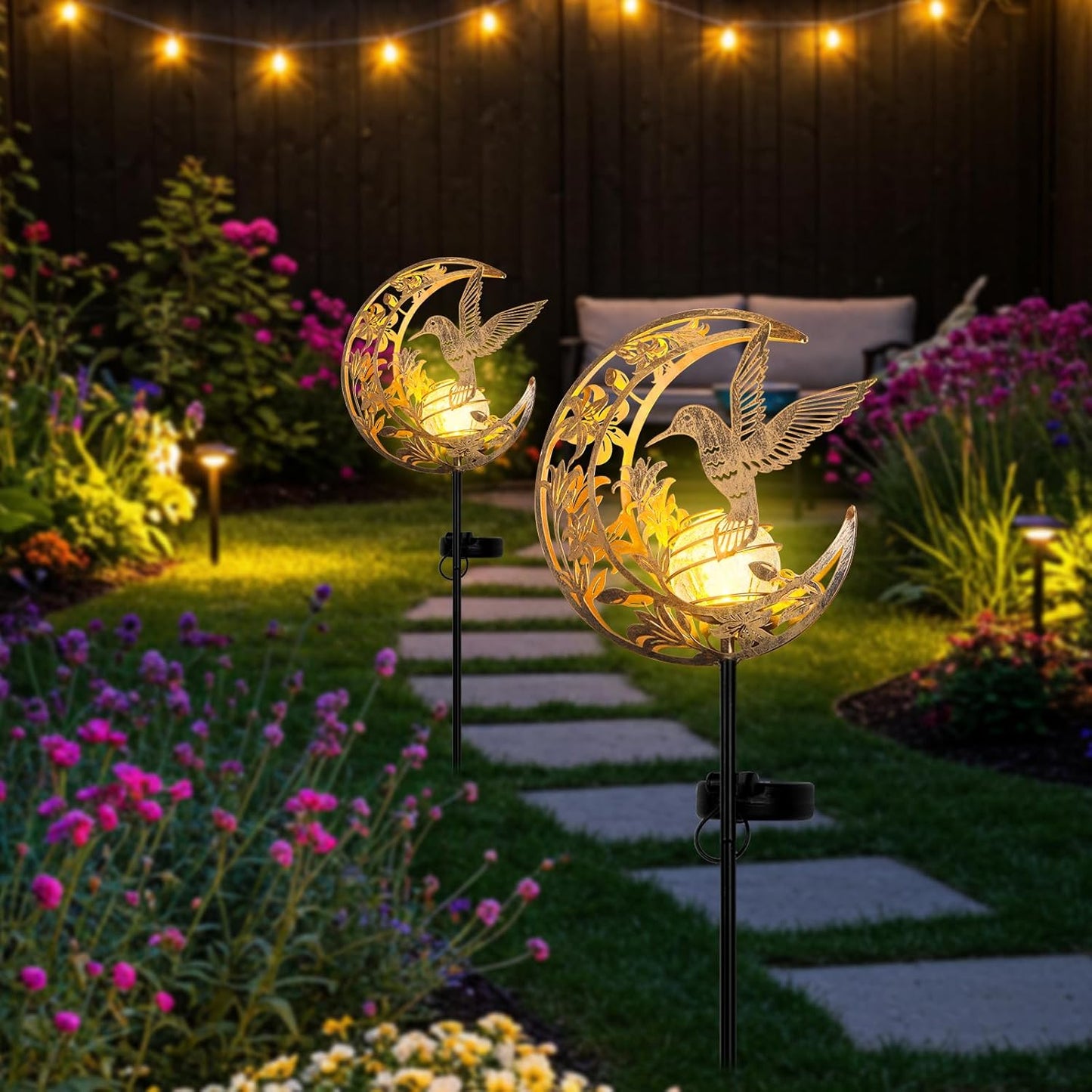 Solar Hummingbird Stake Light – Moon & Bird Metal Outdoor Decor, Waterproof Auto On/Off Pathway Light for Yard, Lawn, Patio & Garden