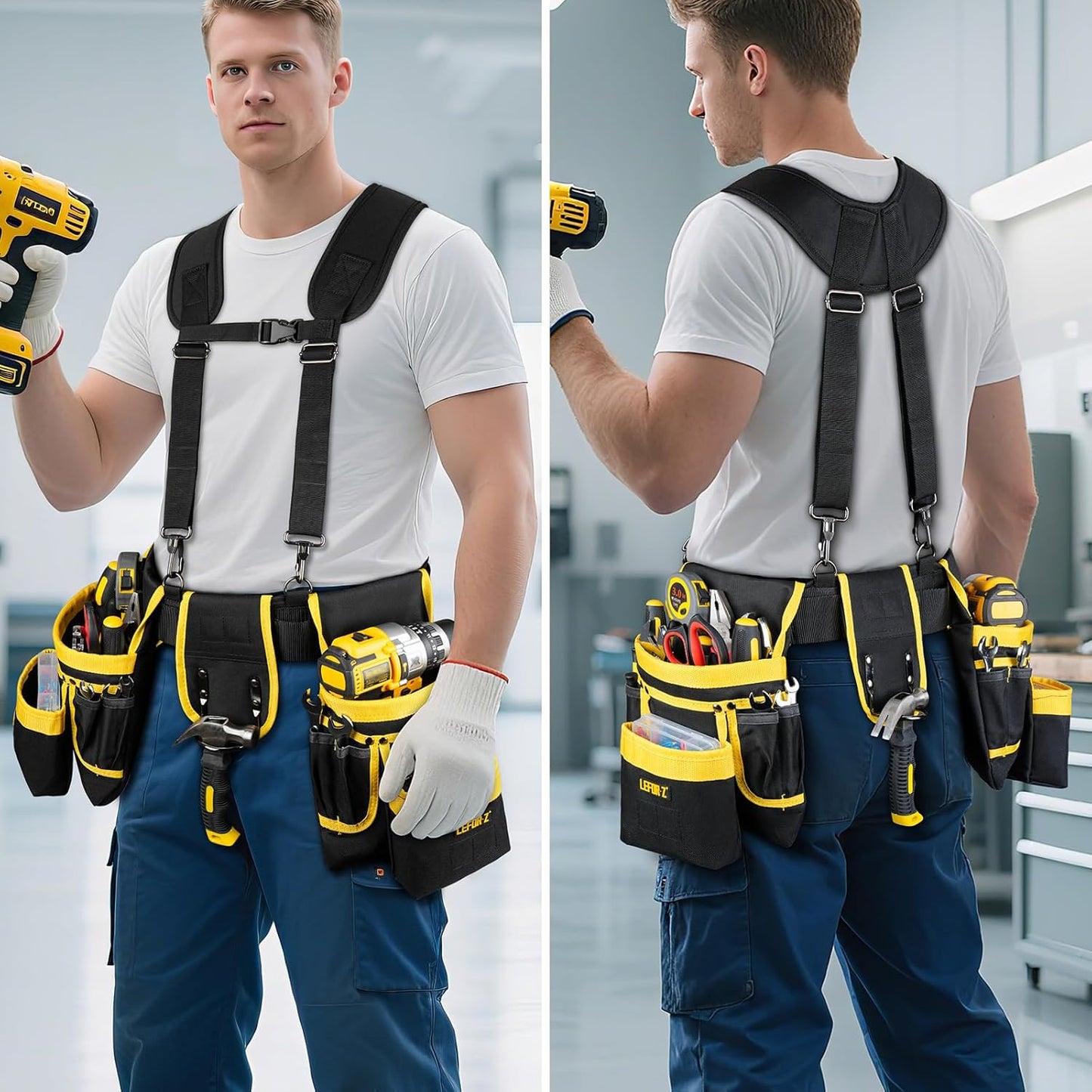 Tool Belt with Suspenders for Men–27 Pocket Heavy-Duty Adjustable Work Belt for Electrician, Carpenter & Construction