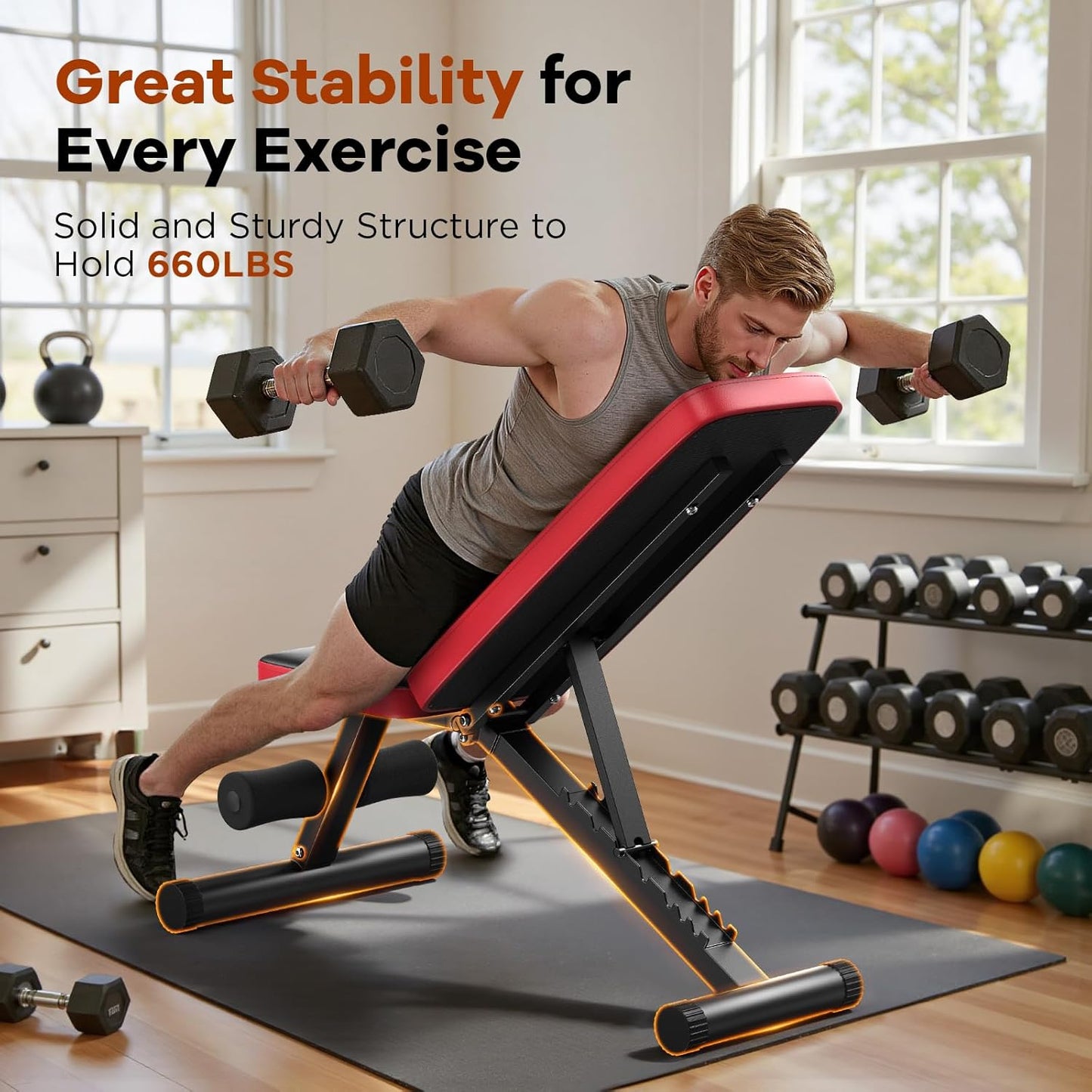 Adjustable Weight Bench – 660 lb Foldable Workout Bench with 8 Backrest Positions for Home Gym Training