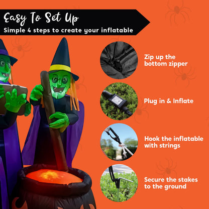 6 FT Halloween Inflatable Witches & Cauldron – Flame Light LED Blow-Up Decoration for Indoor & Outdoor Yard, Lawn & Party Décor
