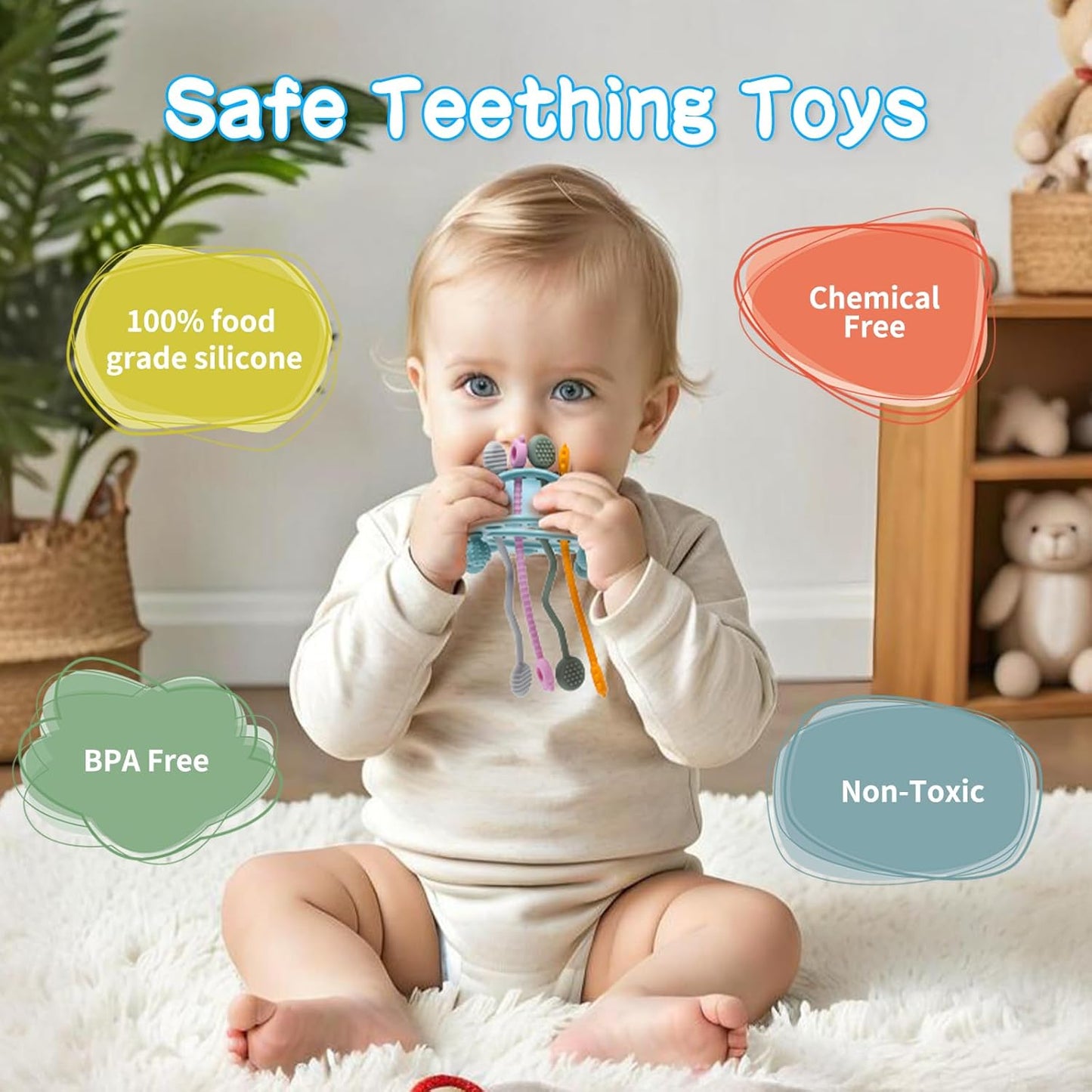 Montessori Pull String Baby Toy – Food-Grade Silicone Sensory Teether (Blue, 18+ Months)