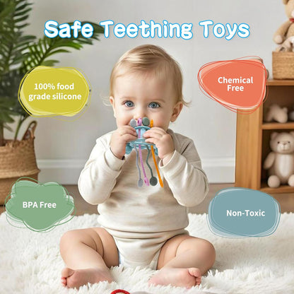 Montessori Pull String Baby Toy – Food-Grade Silicone Sensory Teether (Blue, 18+ Months)
