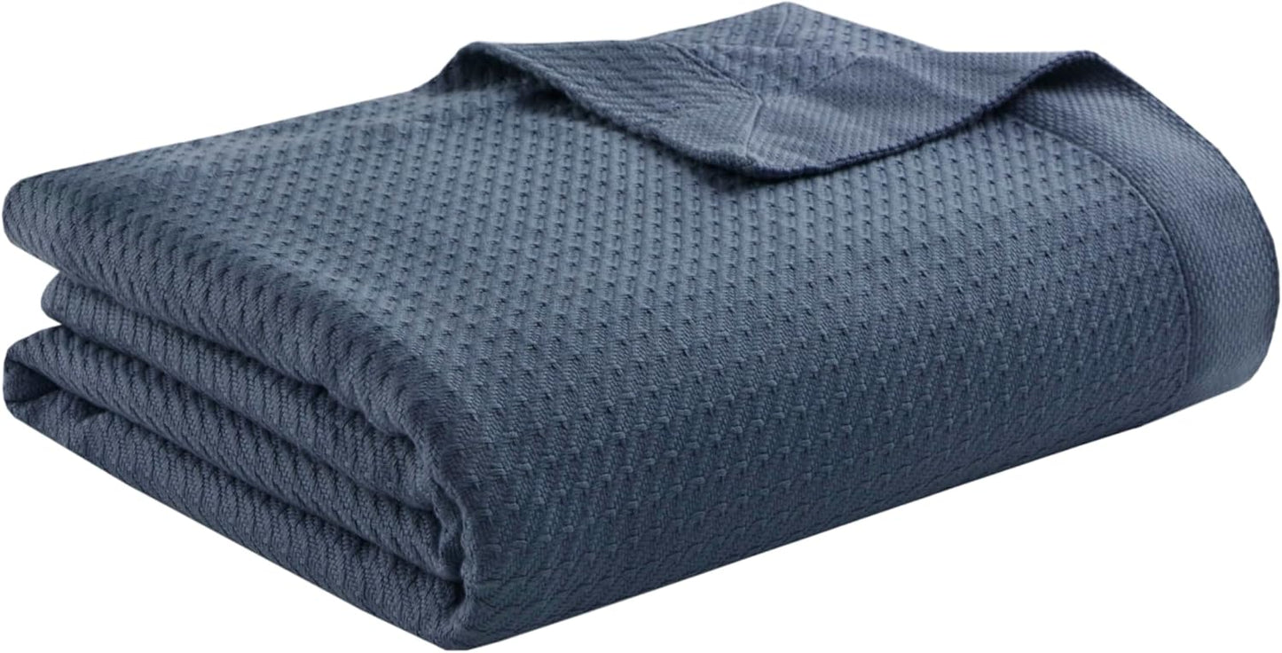 Lightweight Blue Waffle Knit Blanket, 100% Egyptian Cotton, Full/Queen (90"x90")