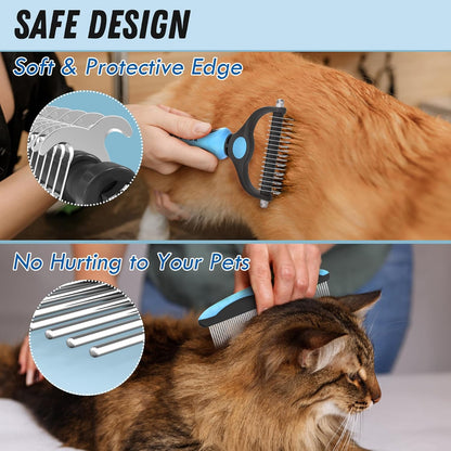 Pet Grooming Combo – Deshedding Brush & Metal Comb for Dogs & Cats with Long or Matted Fur – Blue