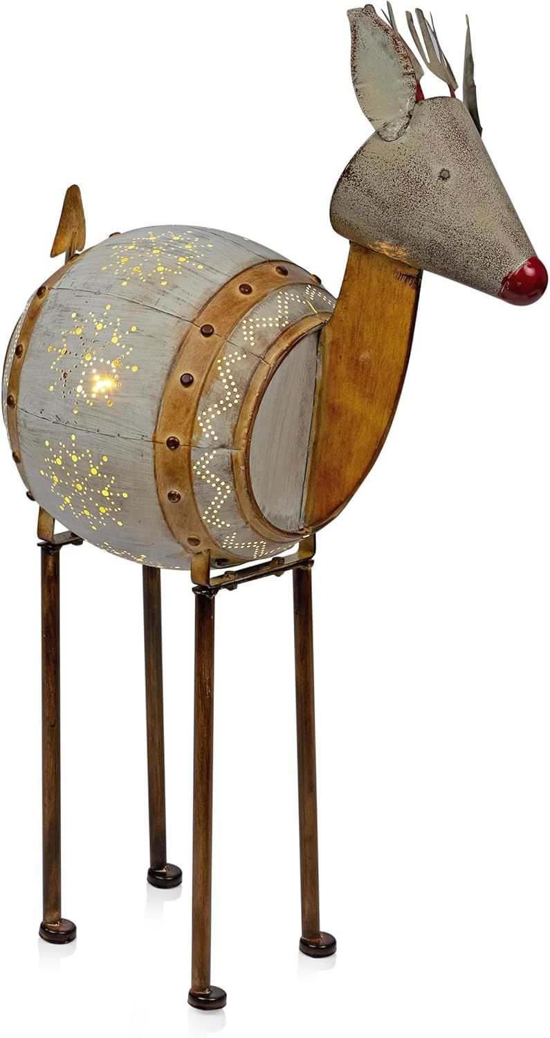 33" Tall Metal Barrel Reindeer with LED Lights