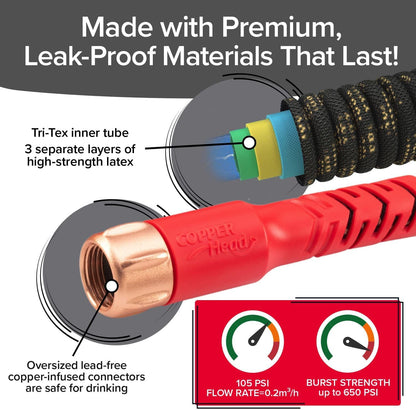 Copper Head Expandable Garden Hose – 360° Swivel, Tri-Tex Tubing, 3X Stronger