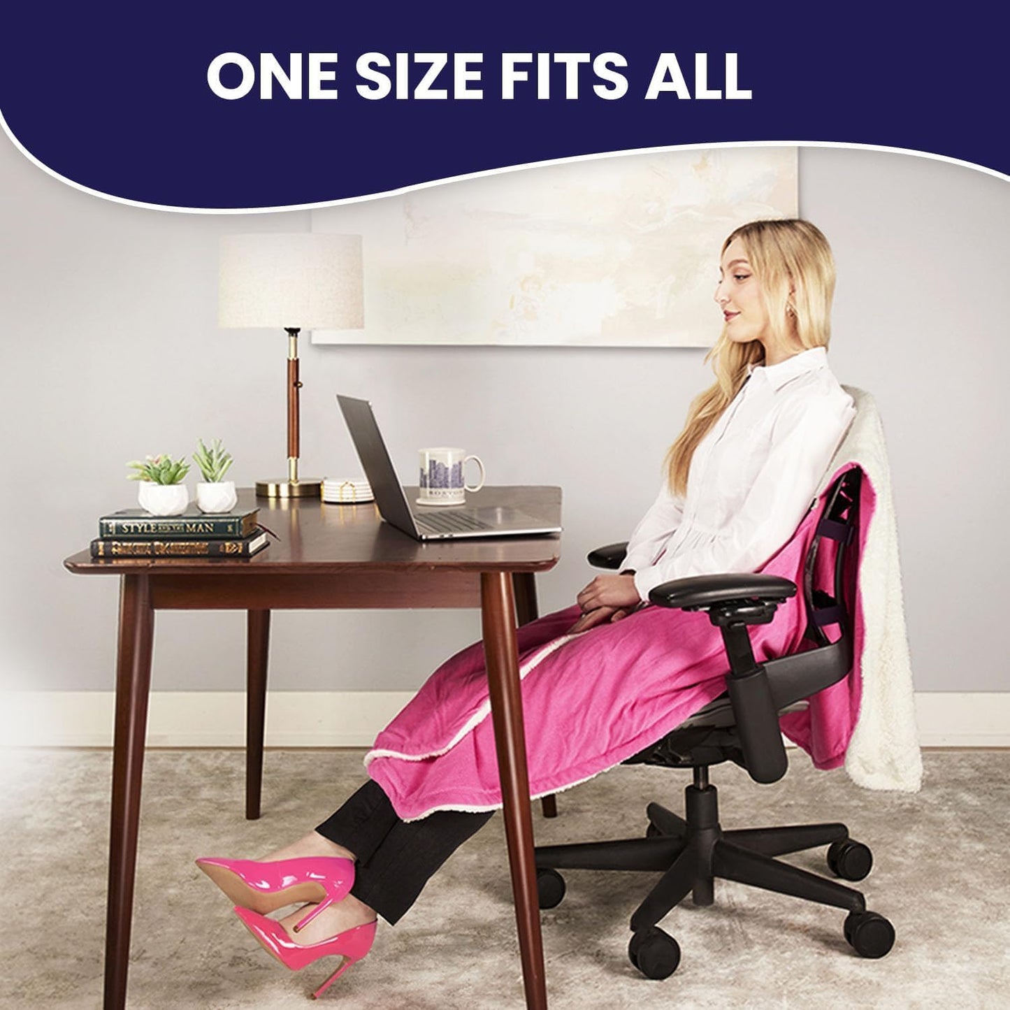 Cozy Desk Chair Wrap – Hands-Free Heated Faux Fur Cover (Blue Pattern Fleece)