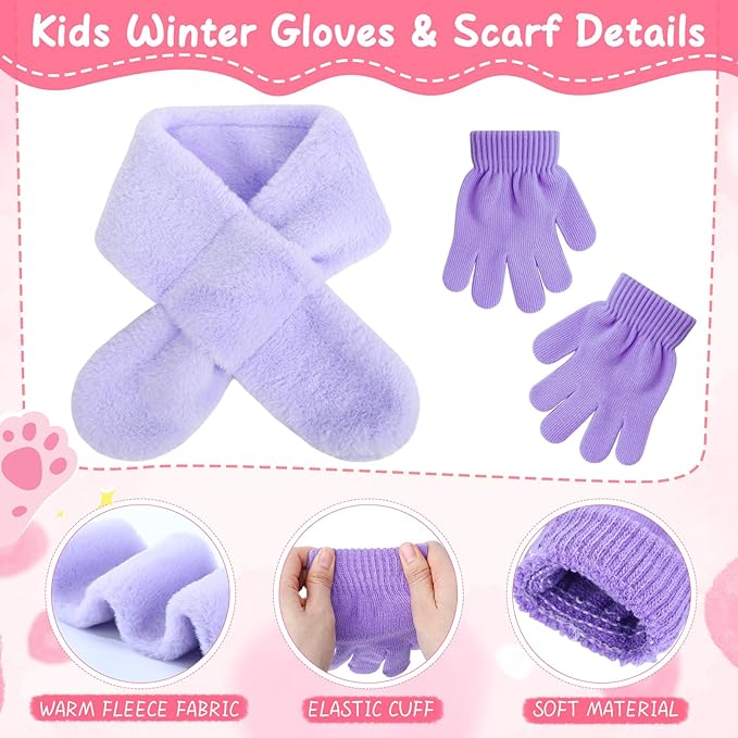 6-Piece Kids Winter Accessories Set – Ear Muffs, Scarves & Gloves (Pink & Purple)
