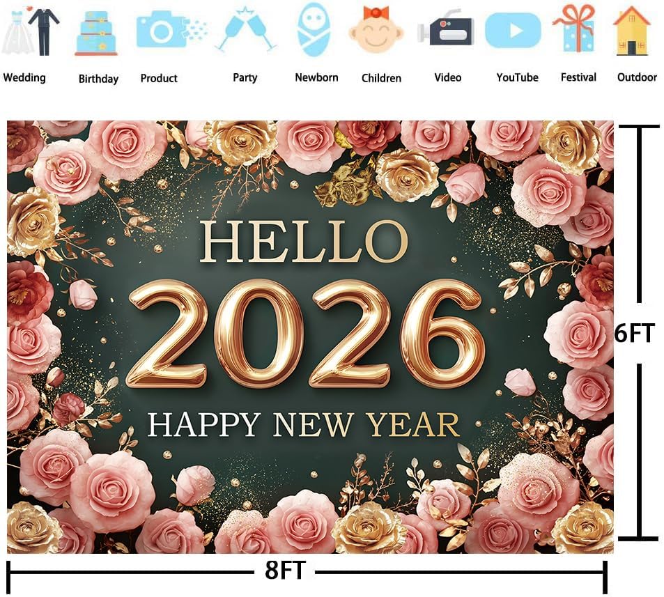 Hello 2026 New Year Backdrop – 8x6 FT Photography Background for Party Décor