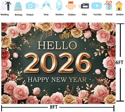 Hello 2026 New Year Backdrop – 8x6 FT Photography Background for Party Décor