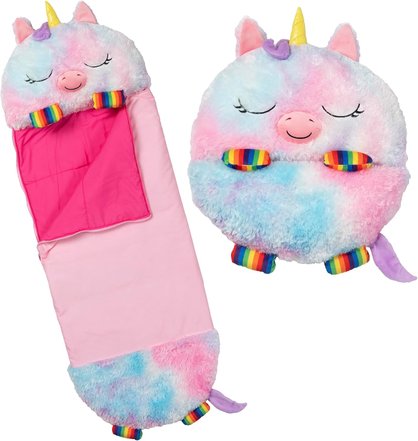 2-in-1 Pillow & Sleepy Sack – Large Rainbow Unicorn (66 x 30), Plush Animal That Opens Into a Soft Sleeping Bag