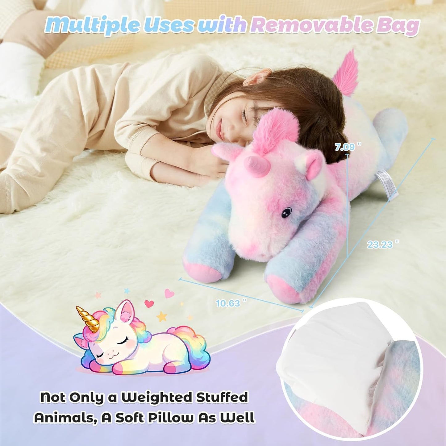 23" Weighted Unicorn Plush – 4.5 lb Adjustable Sitting/Laying Stuffed Animal with Removable Ceramsite Bag