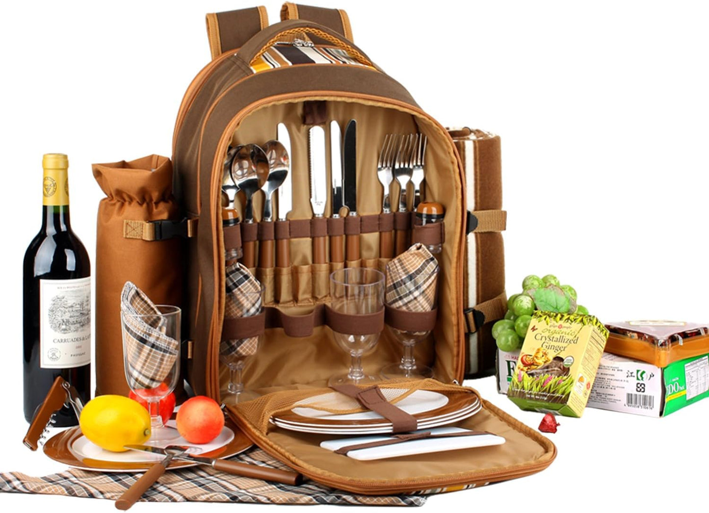 Picnic Backpack for 4 – Includes Cooler Compartment, Wine Bag & 45"x53" Blanket (Brown)