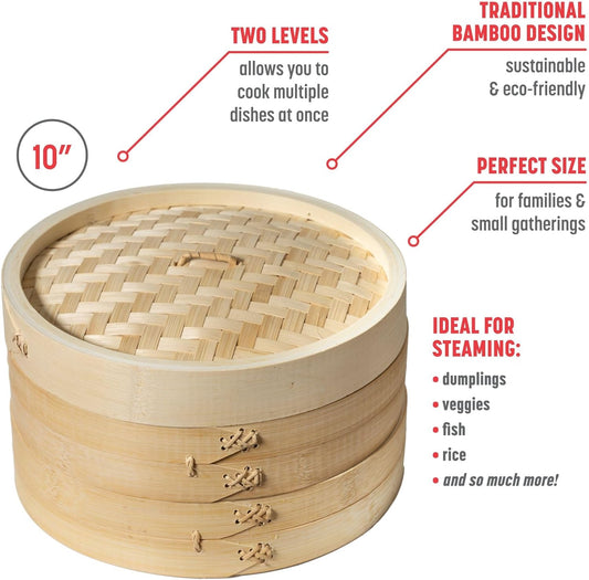 2-Tier Bamboo Steamer Basket – 10-Inch