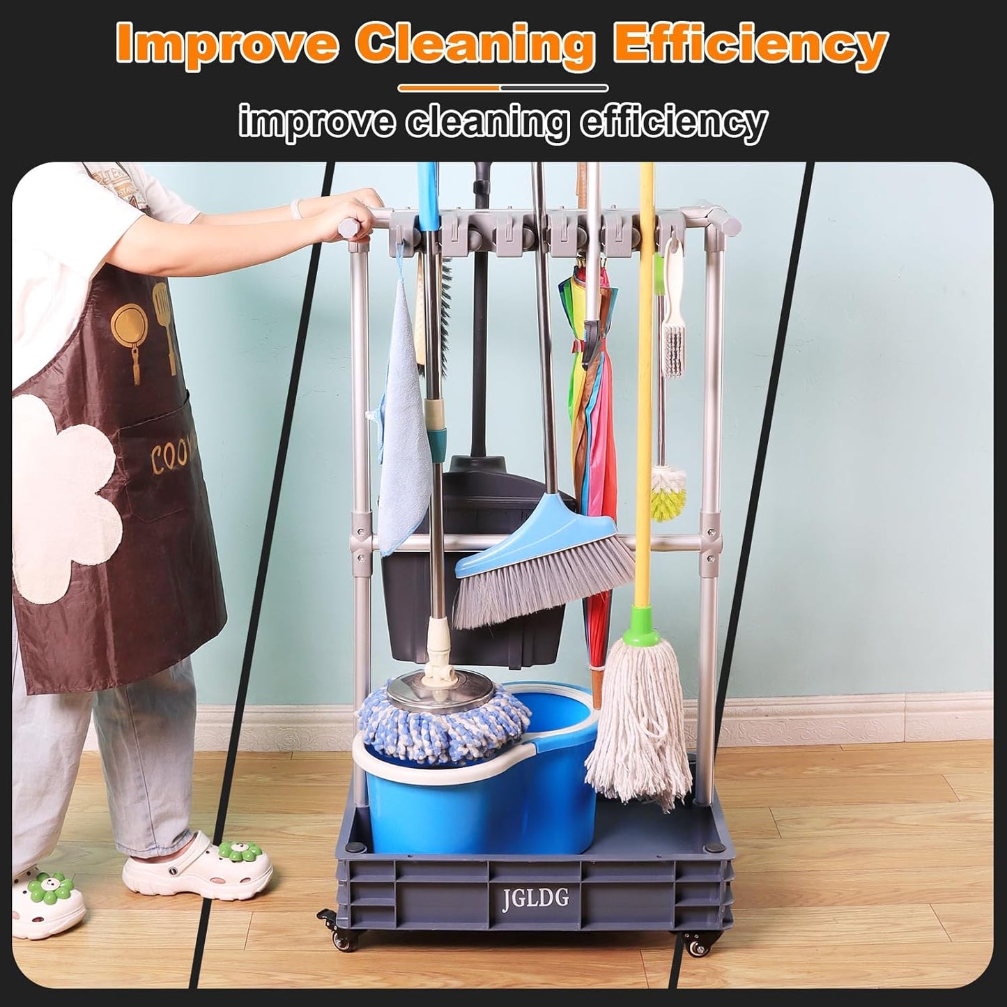Mobile Mop and Broom Holder – Space-Saving Organizer for Cleaning Tools, Keeps Mops, Brooms & Supplies Neatly Stored