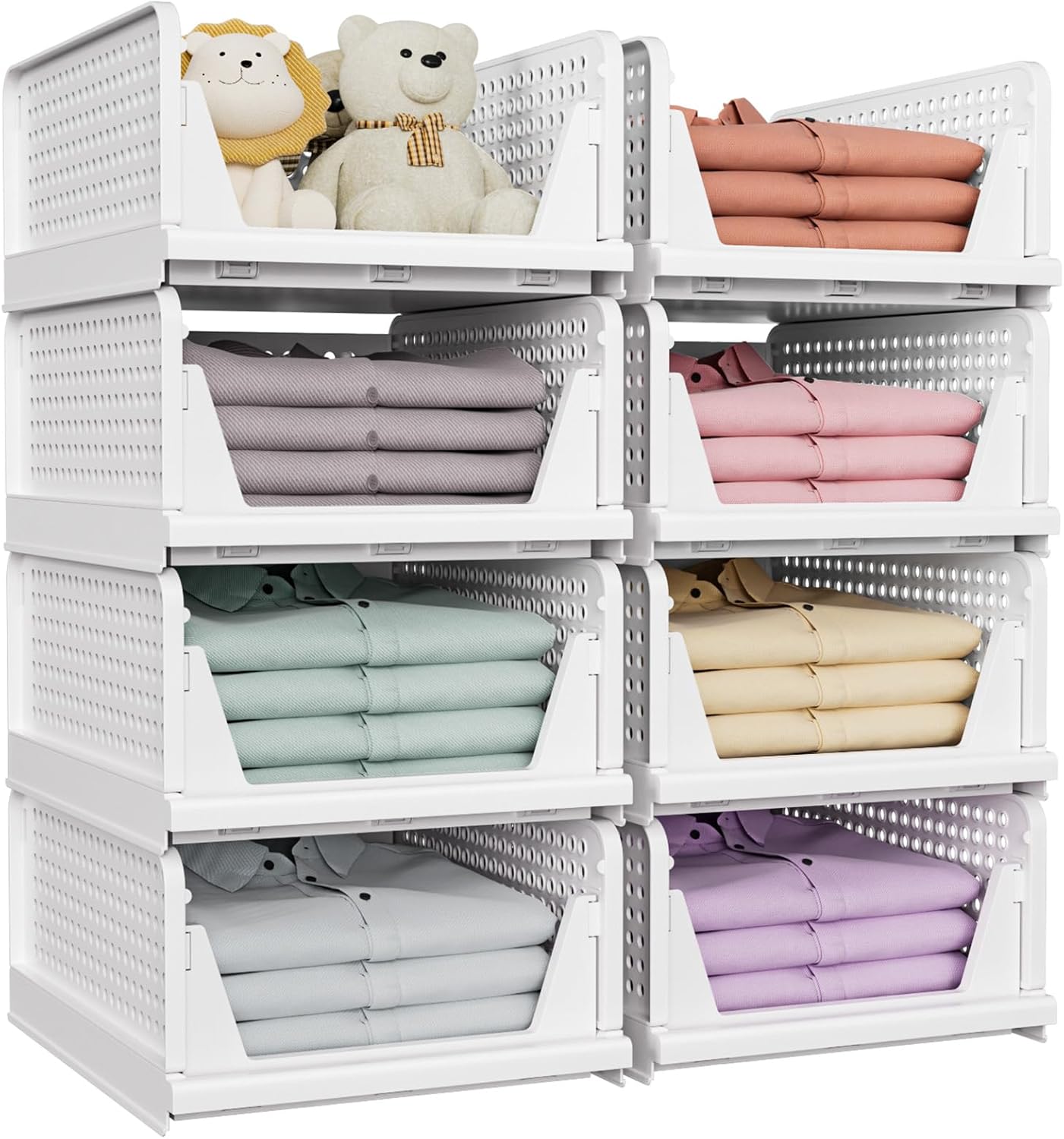 5 Pack Stackable Closet Storage Baskets – Foldable Space-Saving Organizer Drawers – White