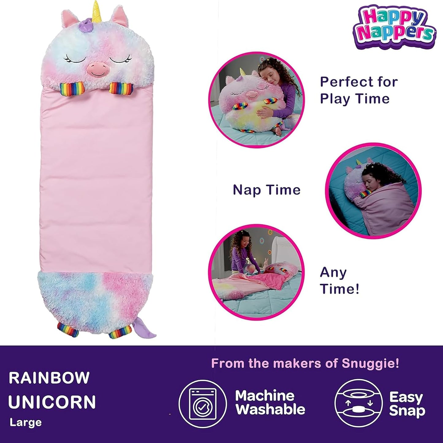 2-in-1 Pillow & Sleepy Sack – Large Rainbow Unicorn (66 x 30), Plush Animal That Opens Into a Soft Sleeping Bag
