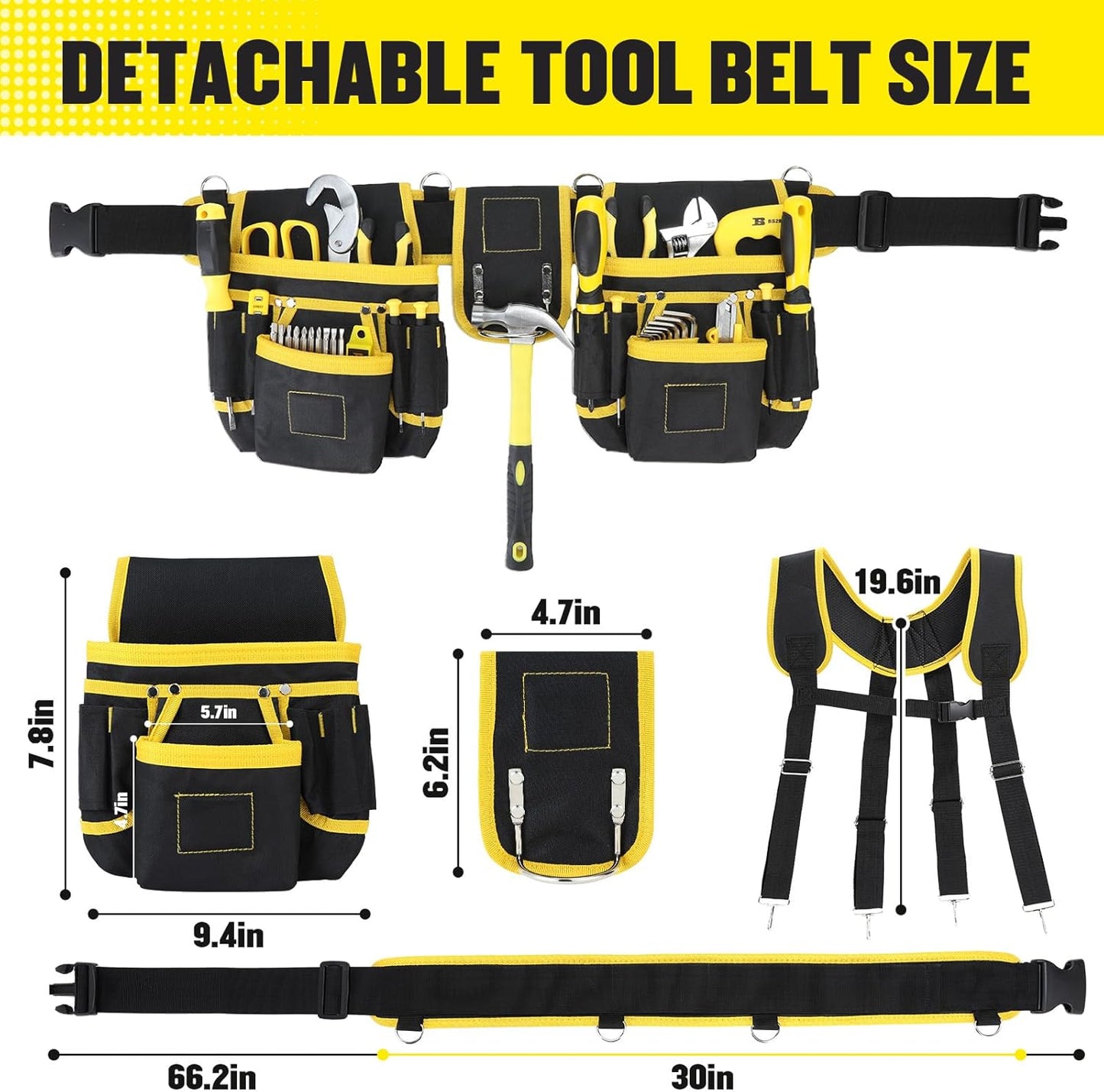 Professional Tool Belt with Suspenders – Heavy-Duty Adjustable Work Belt with Magnetic Tool Pouch for Electricians & Carpenters (Black/Yellow)