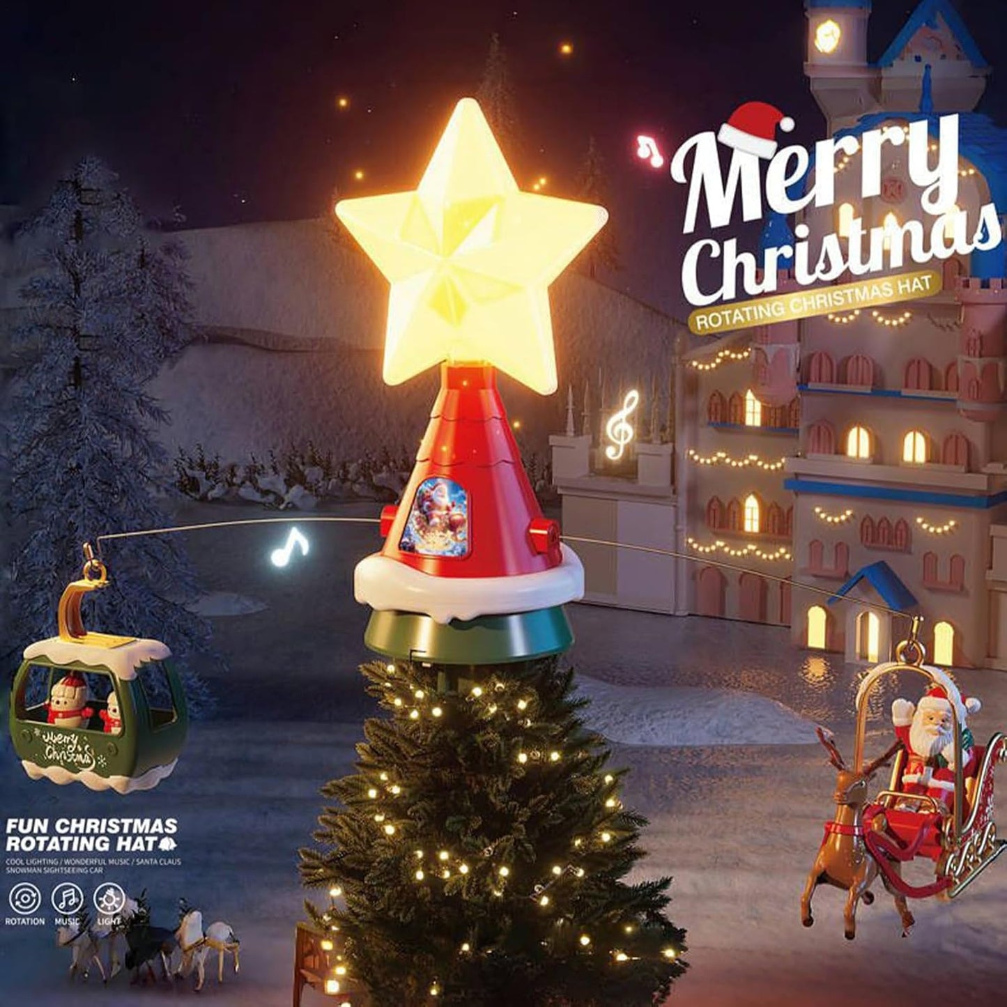 Electric-Rotating Star Christmas Tree Topper Ornament, with Led Star Santa Claus and Reindeer Sleigh