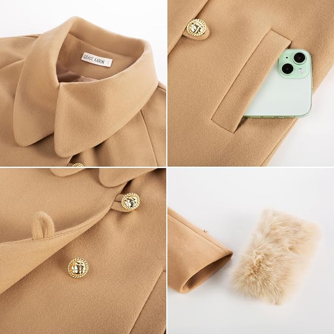 Girls’ Faux Fur Winter Dress Coat – Long Sleeve Jacket with Belt & Pockets (Khaki, Size 7)