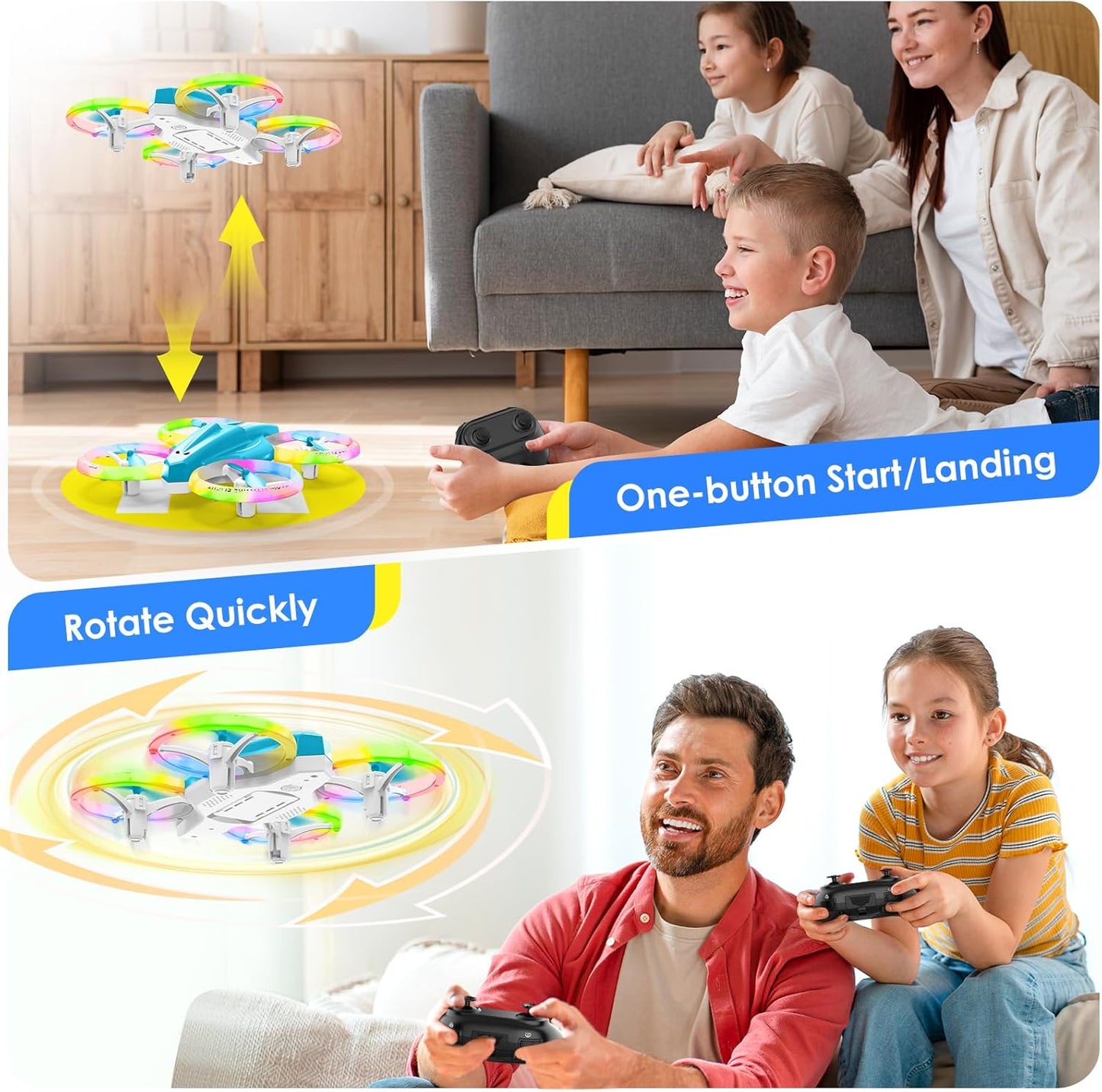 Mini LED Drone for Kids – Indoor RC Drone with 360° Flips, 2 Batteries & One-Key Takeoff (Light Blue)
