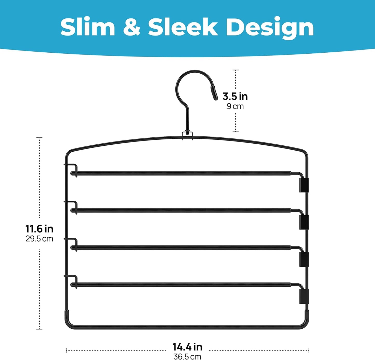 5-Tier Pants Hangers (4 Pack) – Ultra-Slim Space-Saving Closet Organizer with Metal Swivel Hook for Jeans, Slacks & Skirts