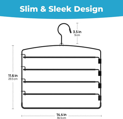 5-Tier Pants Hangers (4 Pack) – Ultra-Slim Space-Saving Closet Organizer with Metal Swivel Hook for Jeans, Slacks & Skirts